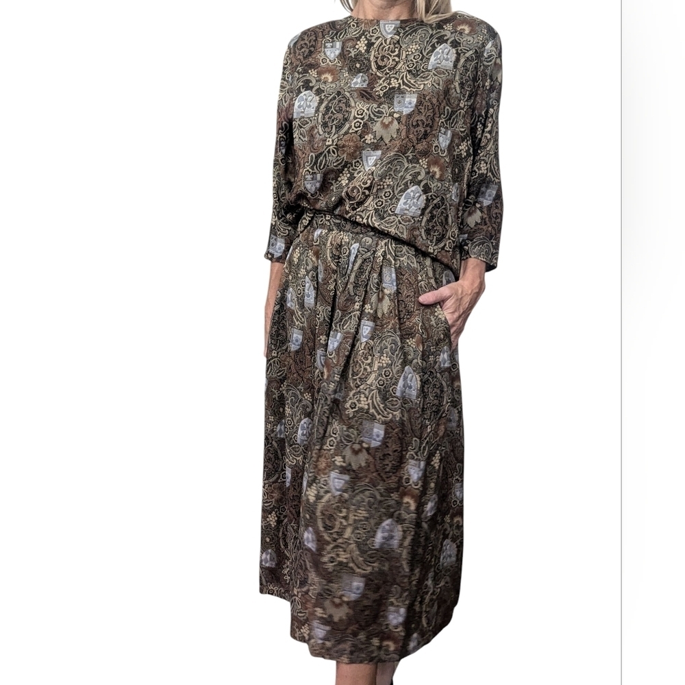 Vintage 80s Michelle Stuart Rayon Paisley Blouse Skirt Set Brown M